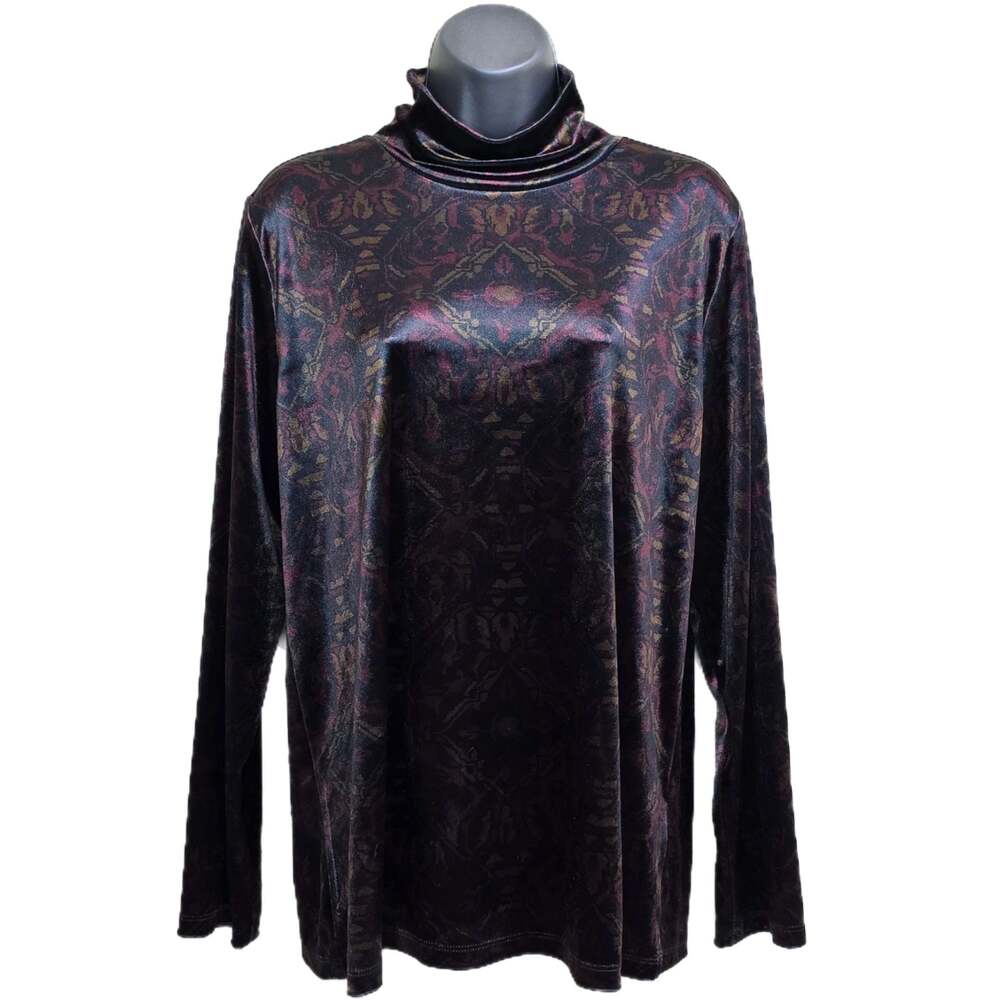 Tribal Jeans Mock Neck Long Sleeve Burnout Velvet Paisley Print Top Size L